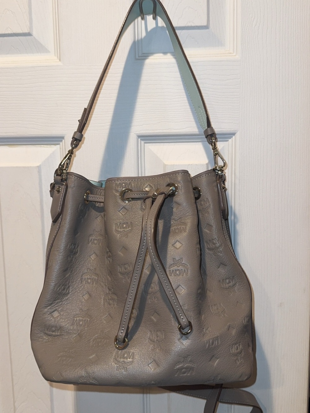 MCM Taupe Embossed Leather Drawstring Shoulder Bag